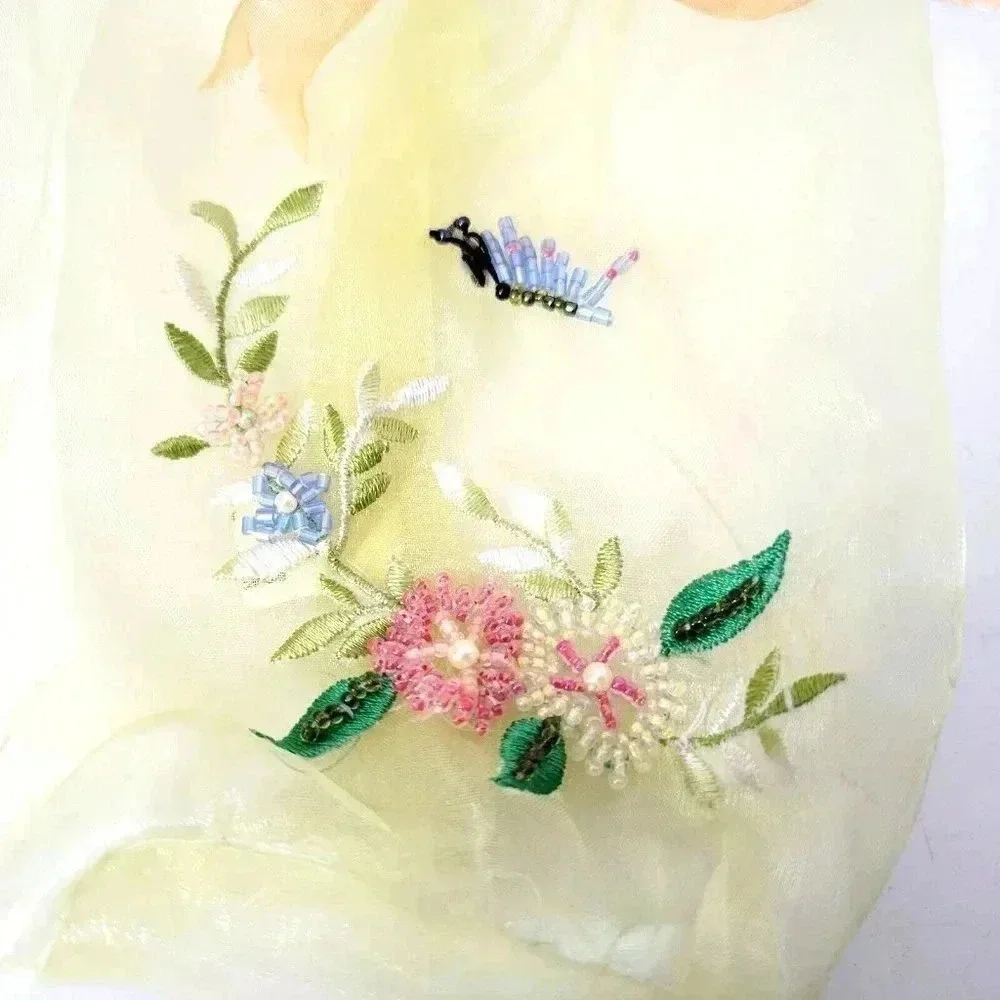 Gift Jewelry Bag Organza Beaded Embroided Pale Yellow Orange Tie 9